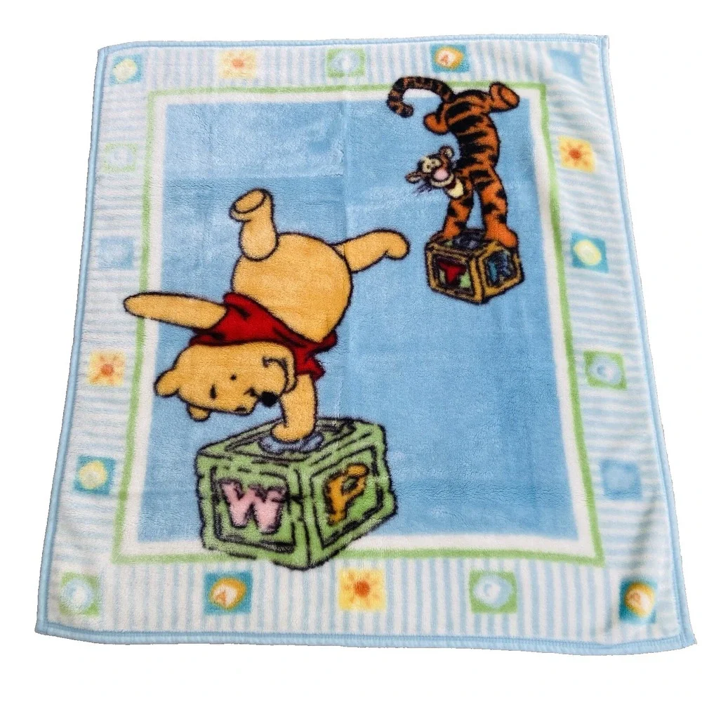 Vintage Disney Winnie the Pooh Tigger Blocks Blue Plush Baby Blanket Lovey Minky